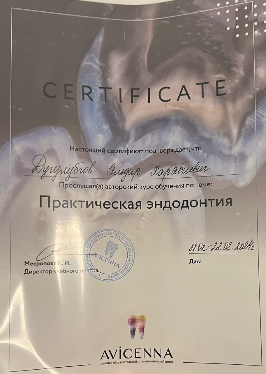 Сертификат Дугулубгова Э.Х. — авторский курс «Практическая эндодонтия», AVICENNA, 2024