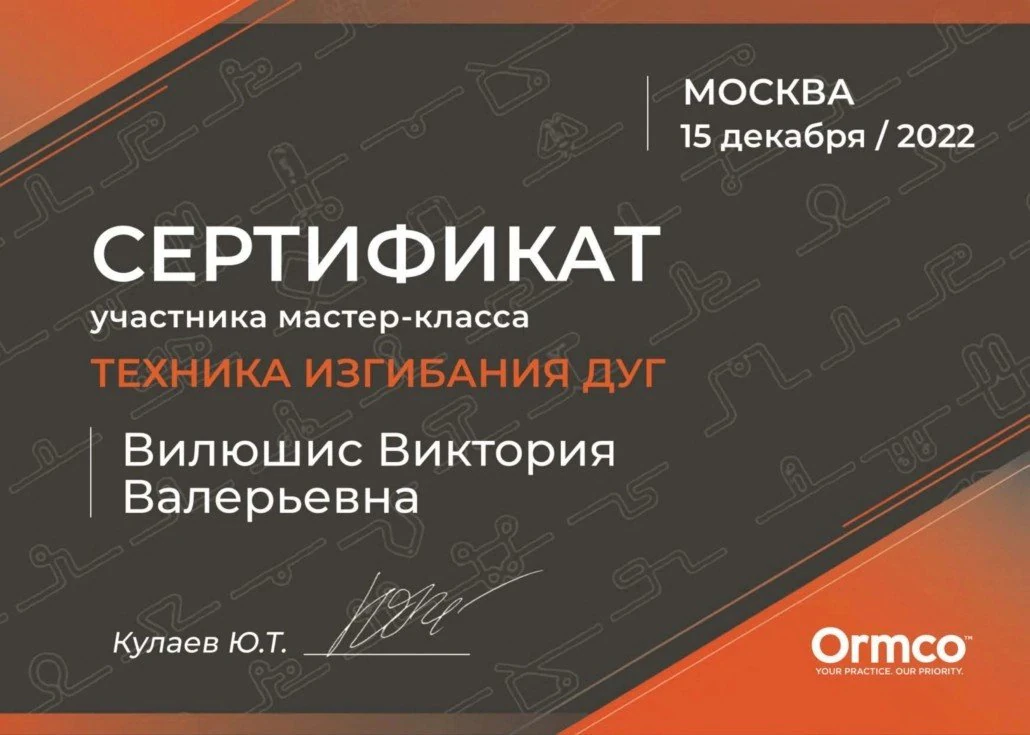 Сертификат Вилюшис В.В. — Техника изгибания дуг