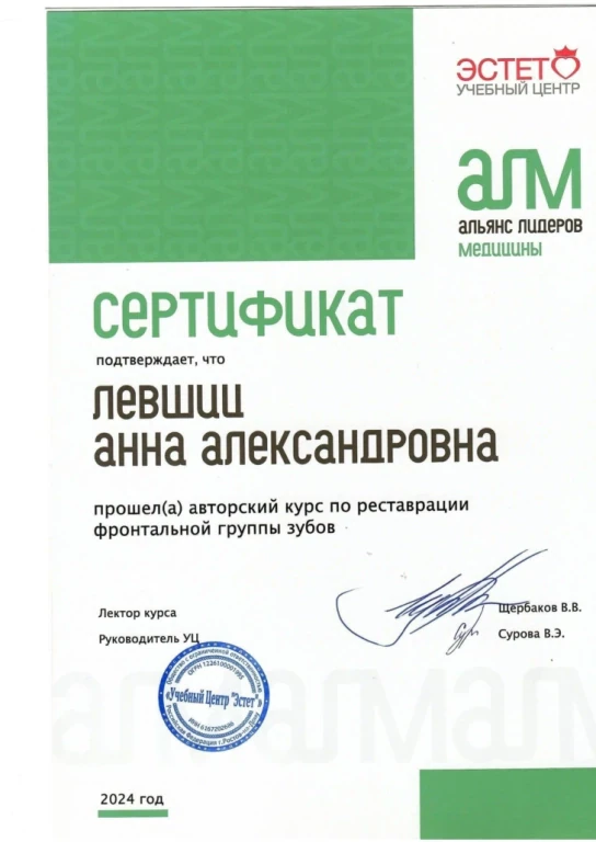 Левшиц Анна Александровна — диплом/сертификат